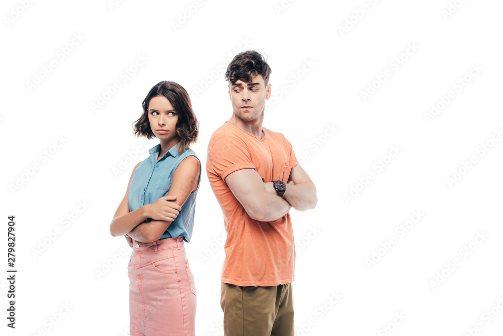 offended man and woman standing back to back with crossed arms isolated on white offended man and woman standing back to back with crossed arms isolated on white