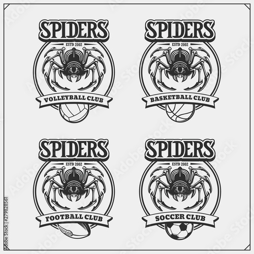 Volleyball, basketball, soccer and football logos and labels. Sport club emblems with spider. Print design for t-shirts.