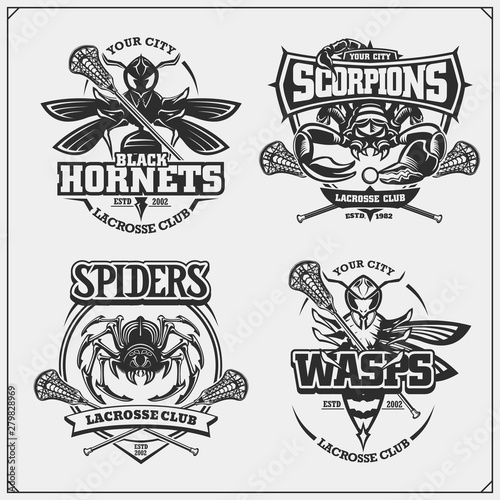 Set of lacrosse badges, labels and design elements. Sport club emblems with scorpion, wasp, hornet and spider. Print design for t-shirts.
