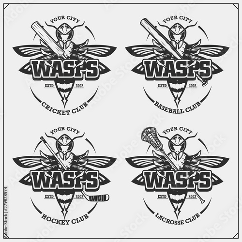 Cricket, baseball, lacrosse and hockey logos and labels. Sport club emblems with wasp. Print design for t-shirt.
