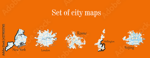 Set of landscape elements. City. (Top view) road, port, airport. (View from above)