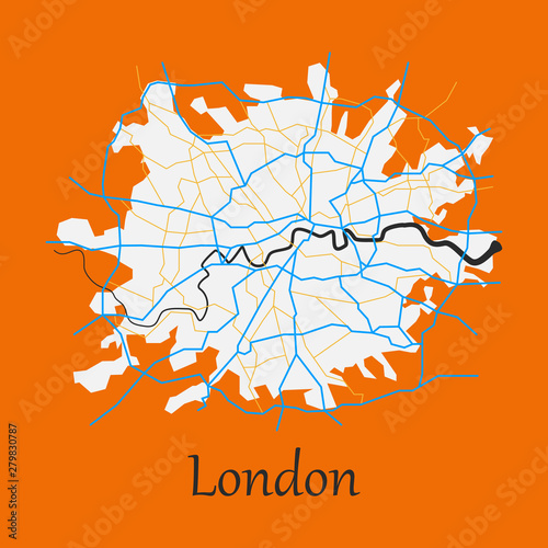 Flat color map of London, United Kingdom. City Plan of London. Vector illustration