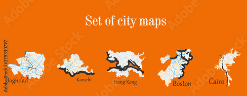 Set of landscape elements. City. (Top view) road, port, airport. (View from above)