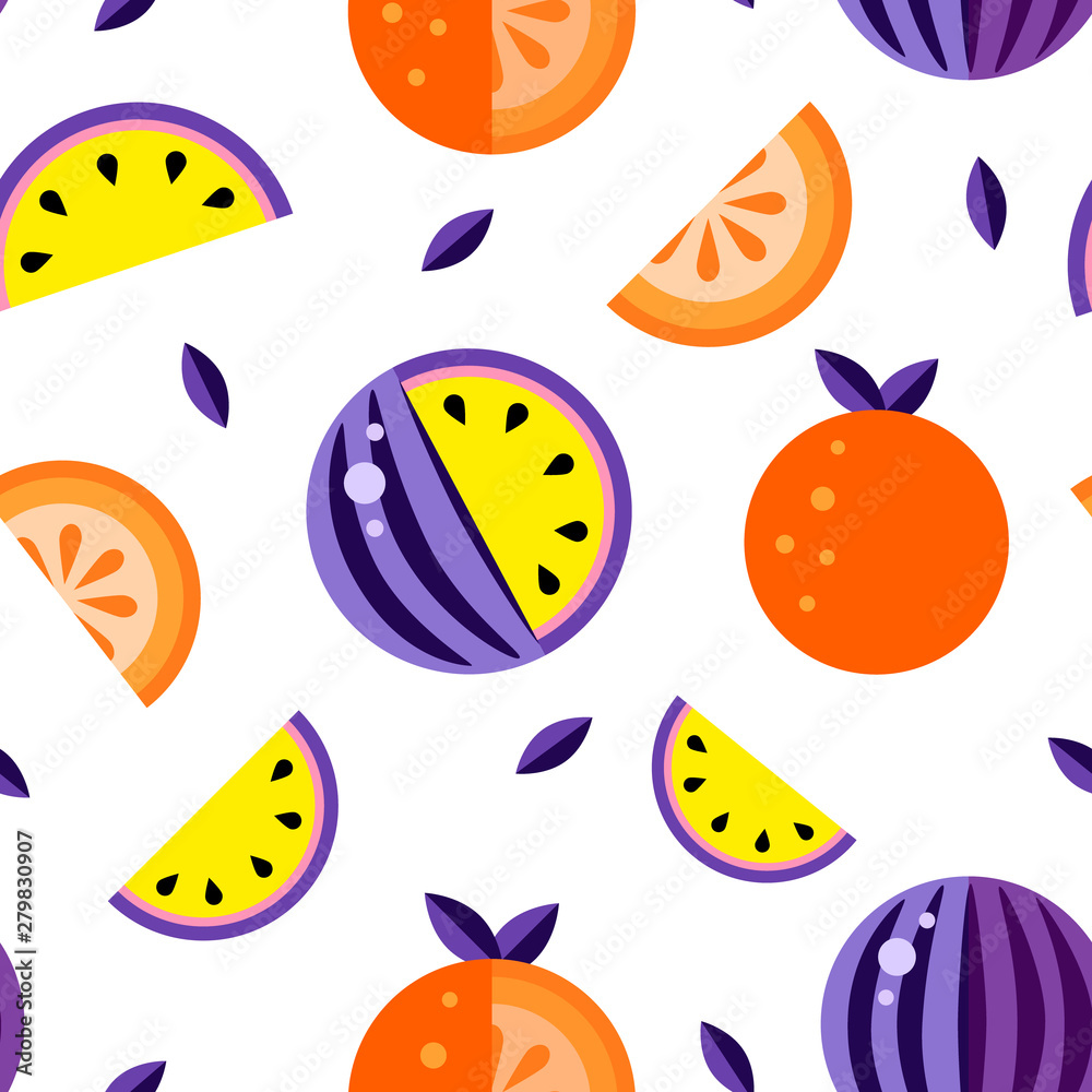 Violet yellow orange Watermelons white background. Seamless pattern melon set, wallpaper Vector. Good for t shirt print. Hand drawn overlapping backdrop. Decoration summer fruit texture illustration Violet yellow orange Watermelons white background. Seamless pattern melon set, wallpaper Vector. Good for t shirt print. Hand drawn overlapping backdrop. Decoration summer fruit texture illustration