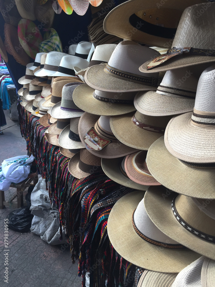 Large rows of typical brown and white hats in the sierra of ecuador