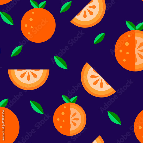 Orange fruit flat icons Seamless Pattern set blue background. Cartoon summer food cute kawaii style. Funny doodle illustration. Whole slice  half fresh healthy fruits logo  t shirt kids print Vector