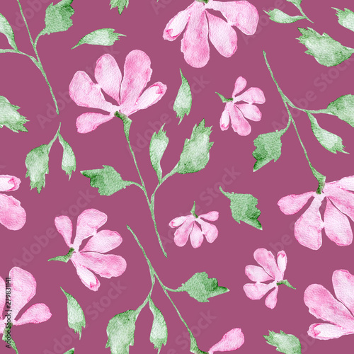 Pink flowers watercolor painting - hand drawn seamless pattern with blossom on purple background