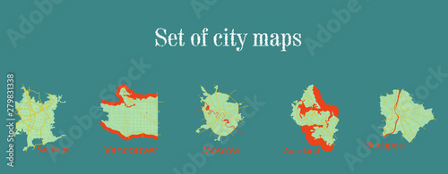 Set of landscape elements. City. (Top view) road, port, airport. (View from above)