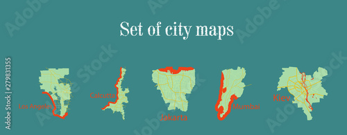 Set of landscape elements. City. (Top view) road, port, airport. (View from above)