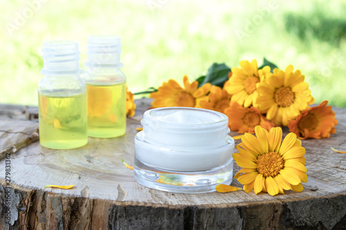 Nourishing cream with calendula extract with fresh calendula flowers on a wooden background in nature.