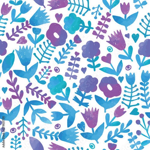 Floral seamless background, bright blue- lilac summer glade backdrop on white background