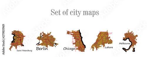 Set of landscape elements. City. (Top view) road, port, airport. (View from above)