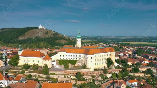 Aerial view of Mikulov Castle and old town centre of Mikulov, South Moravia, Czech Republic.