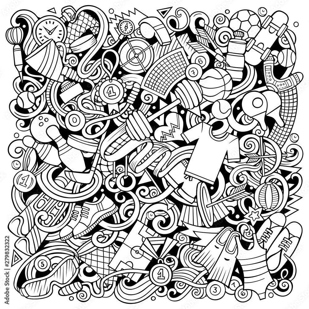 Sports hand drawn vector doodles illustration. Activities poster design.