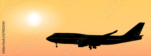 airplane black raster silhouette landing against sunset sky background aerial side view of modern passenger plane flying on evening setting sun air travel landscape ultra wide design banner