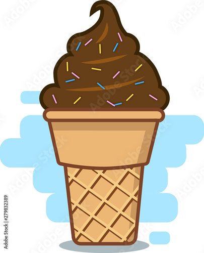 Chocolate Ice Cream in Waffle Cone. Vector flat outline icon. Comic character in cartoon style illustration. Drawing with abstract blue background.
