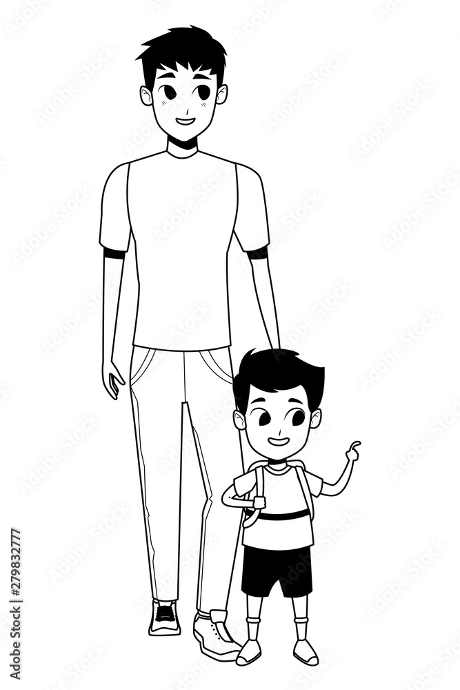 Family single father with children in black and white Family single father with children in black and white