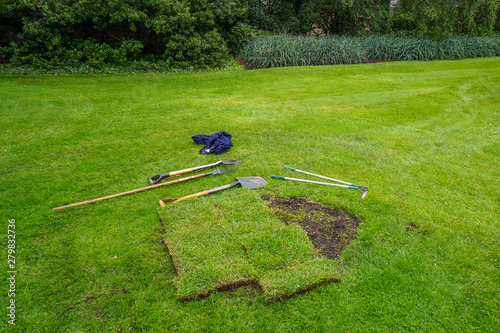 Restoration of spoiled lawn on the lawn in the park, the city of Edinburgh