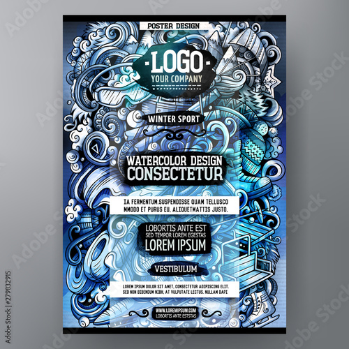 Winter sport doodles poster design. Ski resort sign board template.