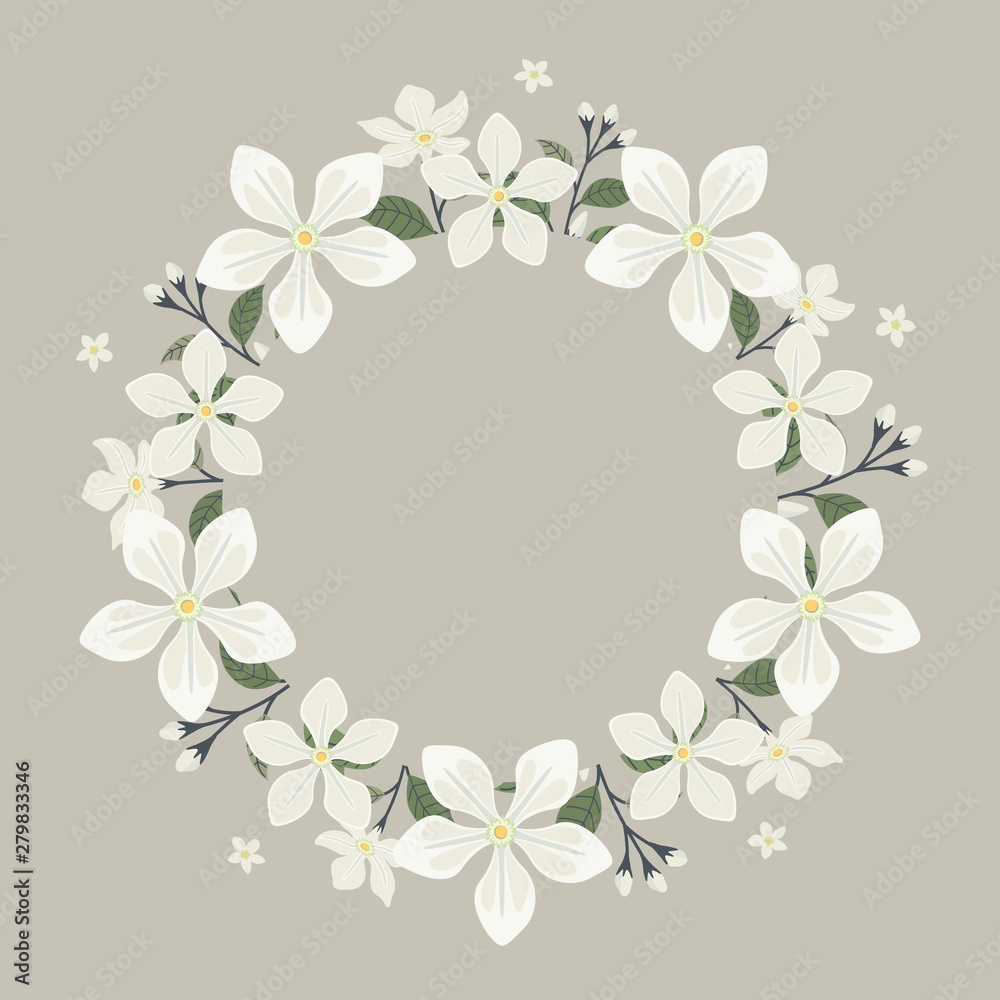 Floral greeting card and invitation template for wedding or birthday anniversary, Vector circle shape of text box label and frame, Jasmine flowers wreath ivy style with branch and leaves.