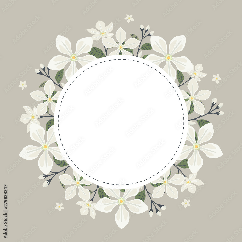 Floral greeting card and invitation template for wedding or birthday anniversary, Vector circle shape of text box label and frame, Jasmine flowers wreath ivy style with branch and leaves. Floral greeting card and invitation template for wedding or birthday anniversary, Vector circle shape of text box label and frame, Jasmine flowers wreath ivy style with branch and leaves.
