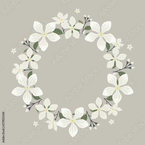 Floral greeting card and invitation template for wedding or birthday anniversary, Vector circle shape of text box label and frame, Jasmine flowers wreath ivy style with branch and leaves.