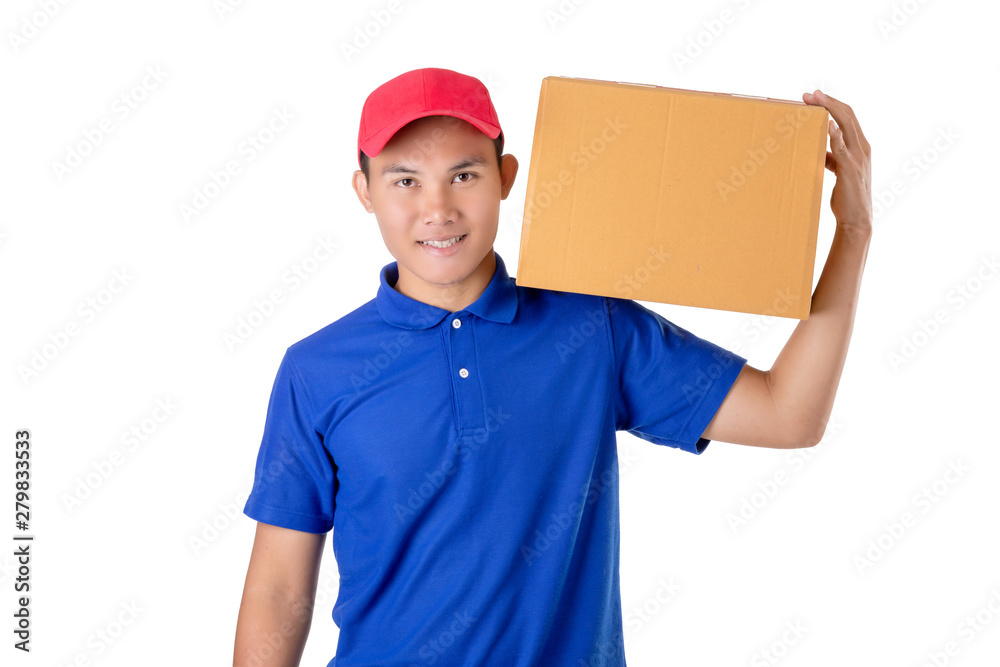 Asian delivery man carry brown parcel or cardboard boxes isolated on white background Asian delivery man carry brown parcel or cardboard boxes isolated on white background