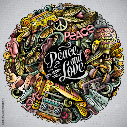 Hippie hand drawn vector doodles round illustration. Hippy poster design.
