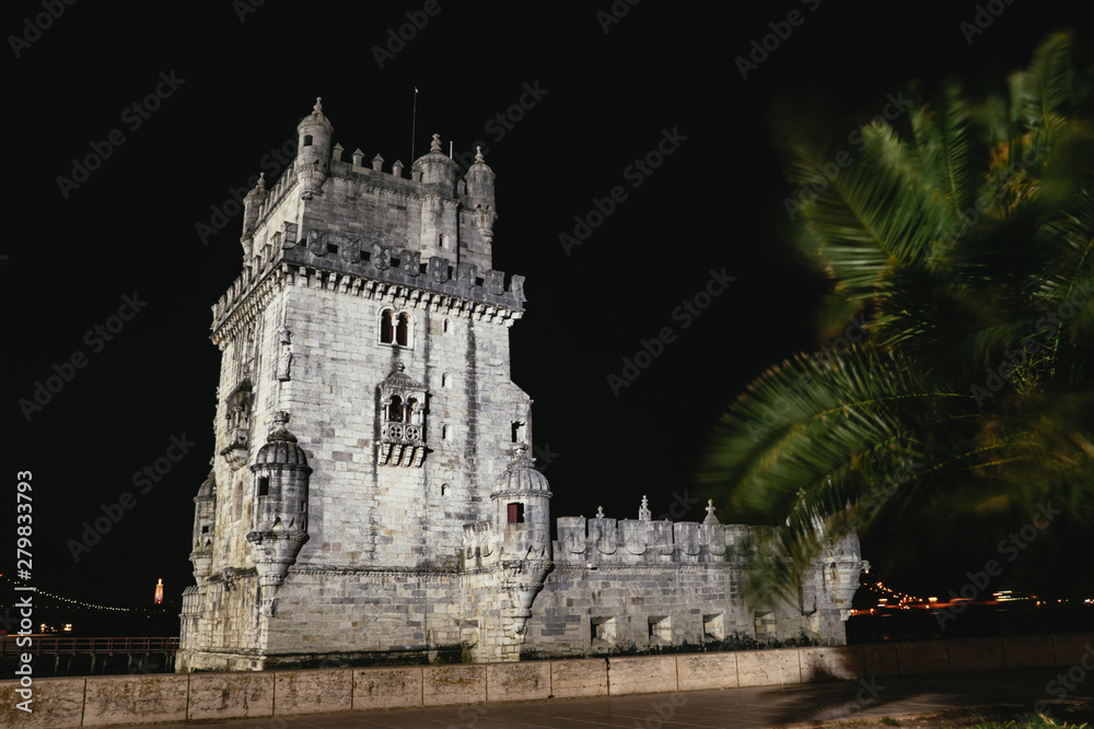 Exterior view of the Belem Tower at night