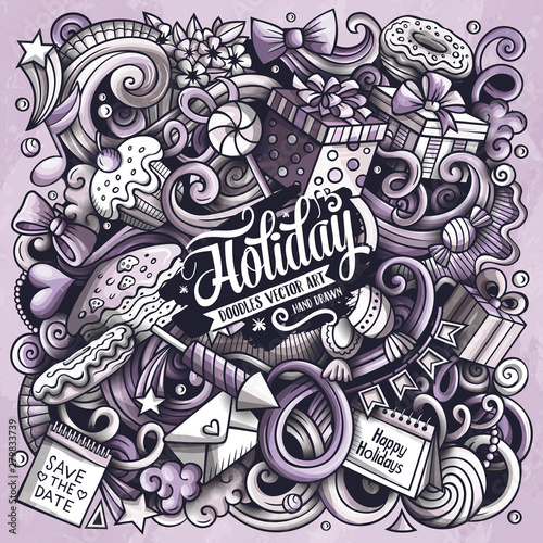 Holiday hand drawn vector doodles illustration. Birthday poster design.