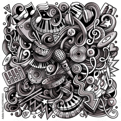 Music hand drawn vector doodles illustration. Musical poster design.