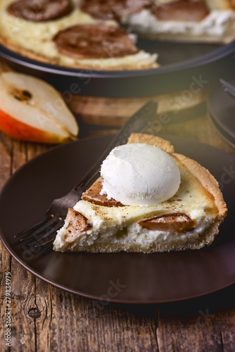 Piece of Homemade Pears Pie Decorated With Ice Cream on Plate Autumn Homemade Cake Dessert Wooden Background Close Up