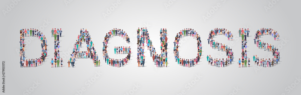 people crowd gathering in shape of diagnosis word different occupation employees mix race workers group standing together social media communication concept flat horizontal people crowd gathering in shape of diagnosis word different occupation employees mix race workers group standing together social media communication concept flat horizontal