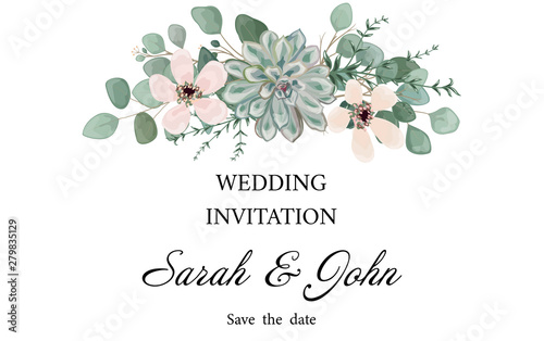 Wedding invitation with flowers and leaves, watercolor, isolated on white. Vector Watercolour.
