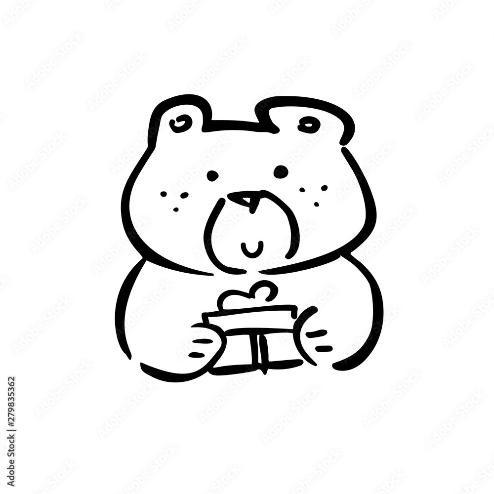 Vector illustration, line hand drawn bear with a gift . Applicable for free gift promo concepts, celebration designs, greeting cards, banners, flyers etc. Vector illustration, line hand drawn bear with a gift . Applicable for free gift promo concepts, celebration designs, greeting cards, banners, flyers etc.