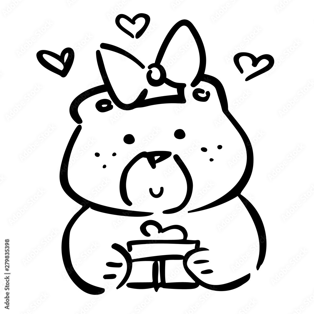 Vector illustration, line hand drawn bear with a gift and heart signs. Applicable for Saint Valentine’s Day concepts, love designs, greeting cards, banners, coloring books etc. Vector illustration, line hand drawn bear with a gift and heart signs. Applicable for Saint Valentine’s Day concepts, love designs, greeting cards, banners, coloring books etc.