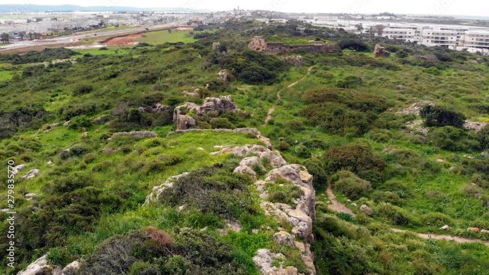 Le Destroit (also known as Districtum or Horvat Qarta) is a ruined medieval fortress, built by the Crusaders in the early 12th century CE, located near the town of Atlit, Israel. Le Destroit (also known as Districtum or Horvat Qarta) is a ruined medieval fortress, built by the Crusaders in the early 12th century CE, located near the town of Atlit, Israel.