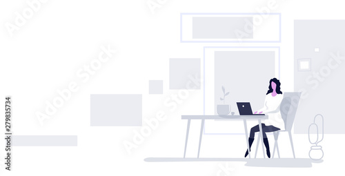 businesswoman sitting at workplace business woman using laptop computer working process concept modern office interior sketch horizontal