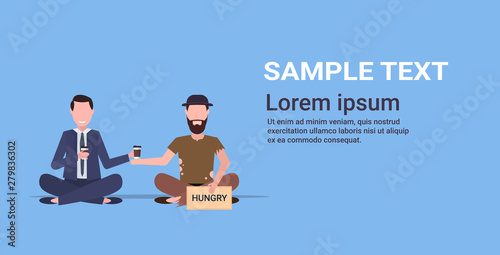 business man drinking coffee and talking with beggar tramp sitting on floor with hungry sign board begging for help homeless jobless concept flat full length horizontal copy space