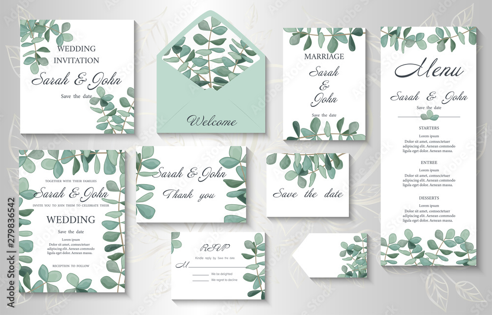 Wedding invitation with eucalyptus leaves, watercolor, isolated on white. Vector Watercolour.