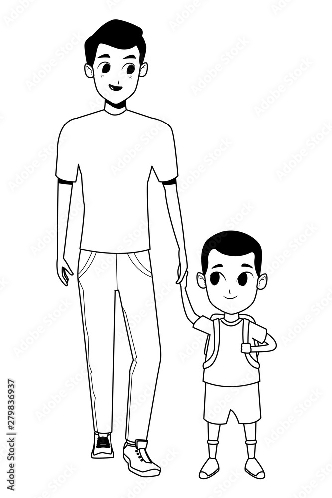 Family single father with children in black and white Family single father with children in black and white