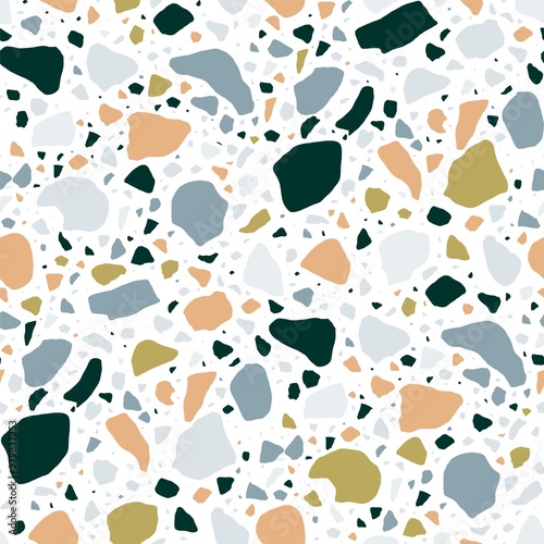 Terrazzo seamless pattern with colorful rock fragments. Elegant backdrop with stone pieces or sprinkles scattered on white background. Modern vector illustration for wrapping paper, fabric print.