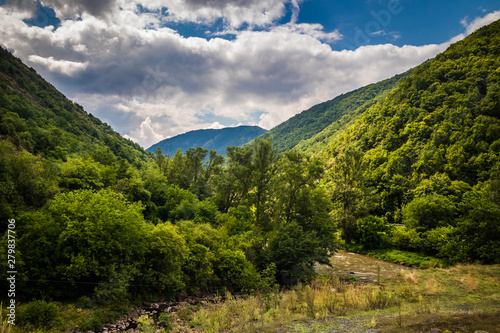 River through forest and mountains, cloudy sky. Ibar river in Serbia © Milan