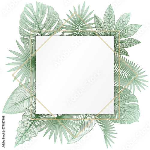 Wedding invitation with leaves palm   watercolor  isolated on white. Vector Watercolour.