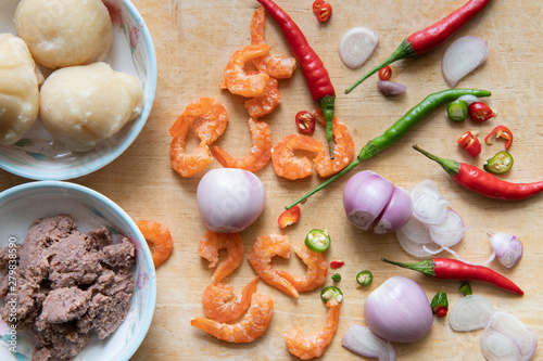 Seasoning of Thai spicy food on wooden background, Top view with copy space