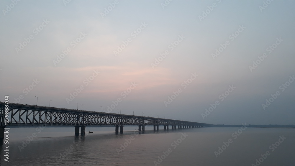 Asia's longest rail and road bridge across the Godavari river in rajahmundry, India in evening