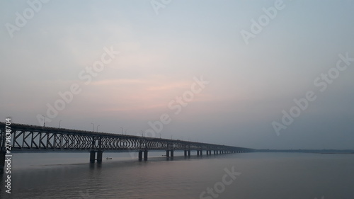 Asia's longest rail and road bridge across the Godavari river in rajahmundry, India in evening