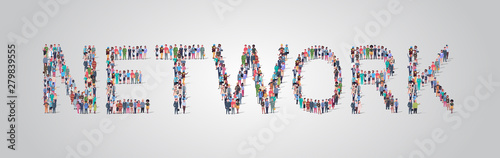 people crowd gathering in shape of network word different occupation employees mix race workers group standing together social media community concept flat horizontal