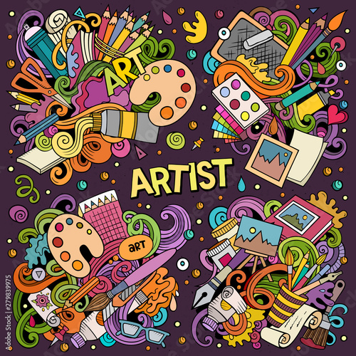 Colorful vector hand drawn doodles cartoon set of Artist combinations of objects