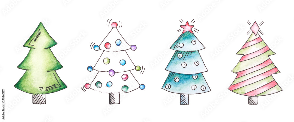 Set of hand-drawn Christmas trees on white background. Watercolor and gel pen illustrations.